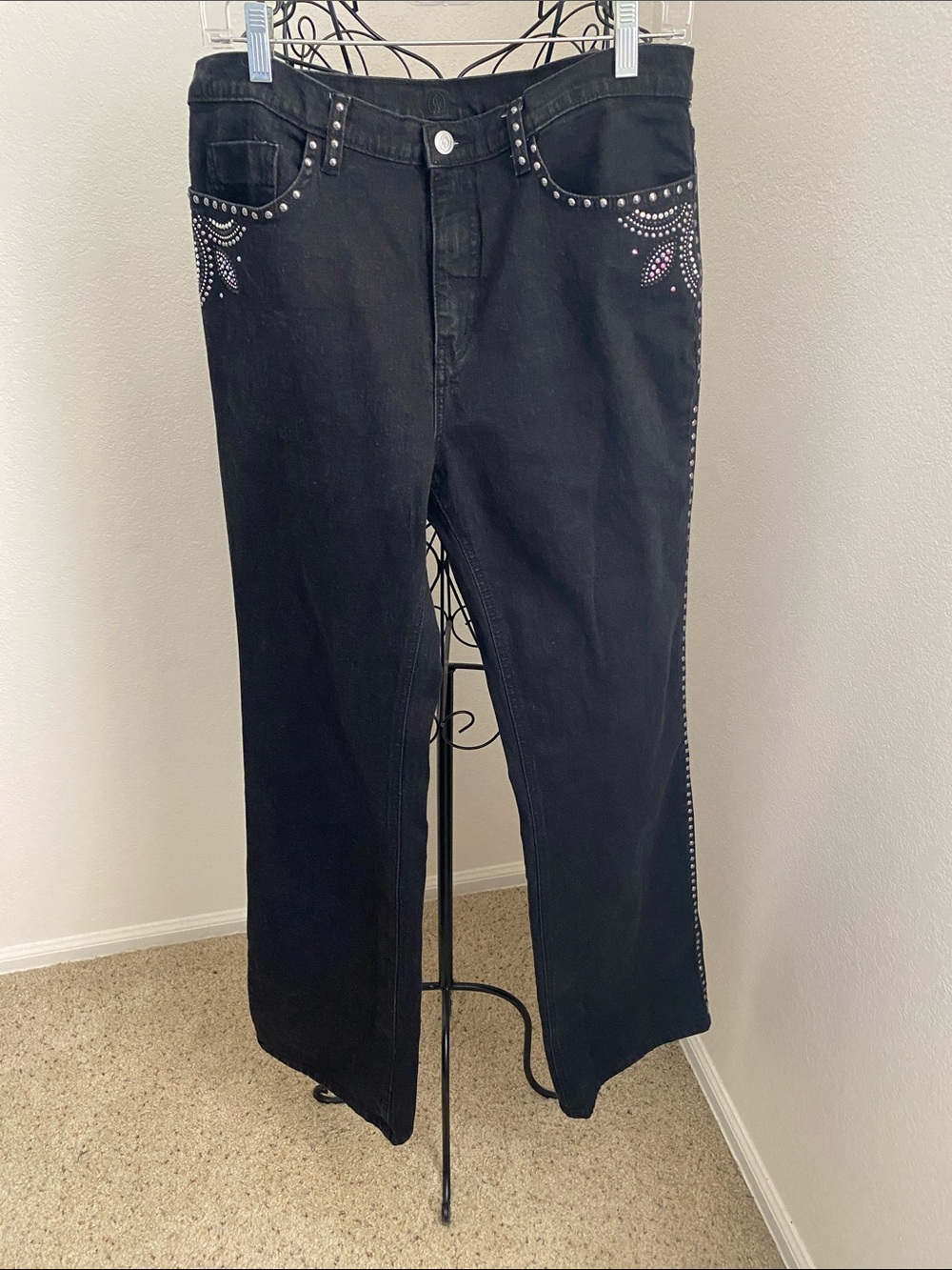 Christine Alexander Black Straight-Leg Jeans with Stud & Rhinestone Detail